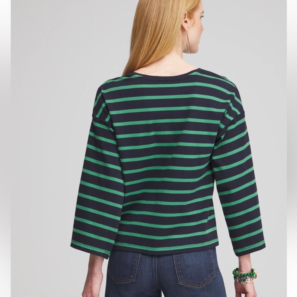 Chico's 100% Cotton Green/Blue Striped Wide-Sleeve Drop-Shoulder T-Shirt 2 (L) - Picture 2 of 11